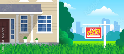 house for sale sold sign on lawn grass  real estate investment concept