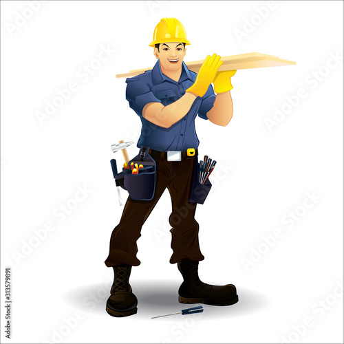 Friendly carpenter, he is dressed in work clothes