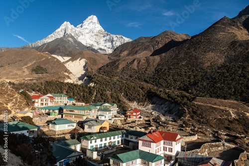 Pangboche village with many tea houses and lodges at the feet of the Ama Dablam peak along the Everest base camp trek in the Himalayas in Nepal © jakartatravel