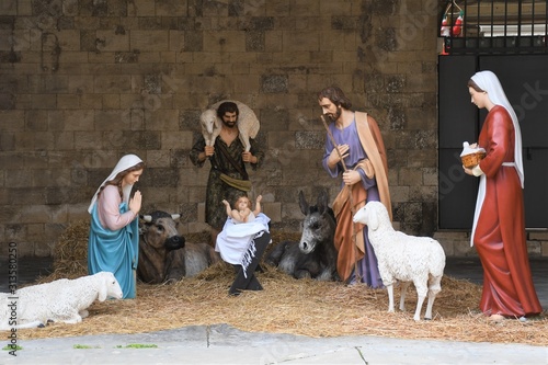 Obraz na plátně Christmas nativity scene with holy family, Italian typical presepio