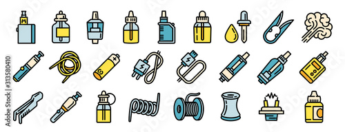 Electronic cigarette icons set. Outline set of electronic cigarette vector icons for web design isolated on white background