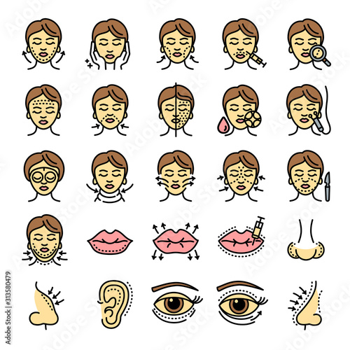 Lifting facial icons set. Outline set of lifting facial vector icons for web design isolated on white background