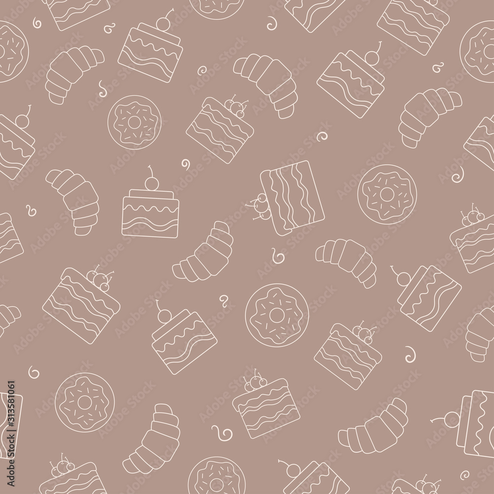 Croissant, cupcake with cherry, donut with glaze. Line drawing bakery icons on beige-pink background. Seamless pattern. Suitable for packaging ,wallpaper, textile.	