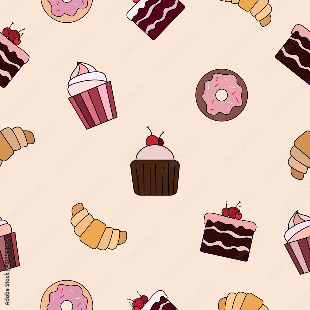 Donuts with glaze, muffin with cherry, croissant, cupcake with cream on a light beige background. Seamless food pattern. Suitable for packaging ,wallpaper, textile.	