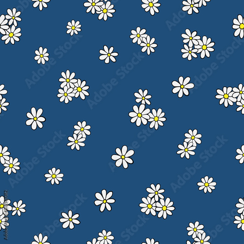 Doodle white chamomiles on classic blue background. Seamless floral season pattern. Suitable for packaging ,wallpaper, textile. 