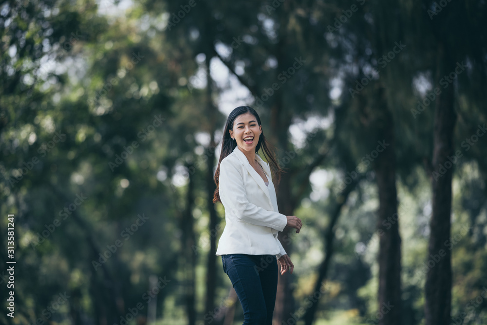 Asian women enjoy and relax in garden business working relax Asian women enjoy and relax in garden business working relax