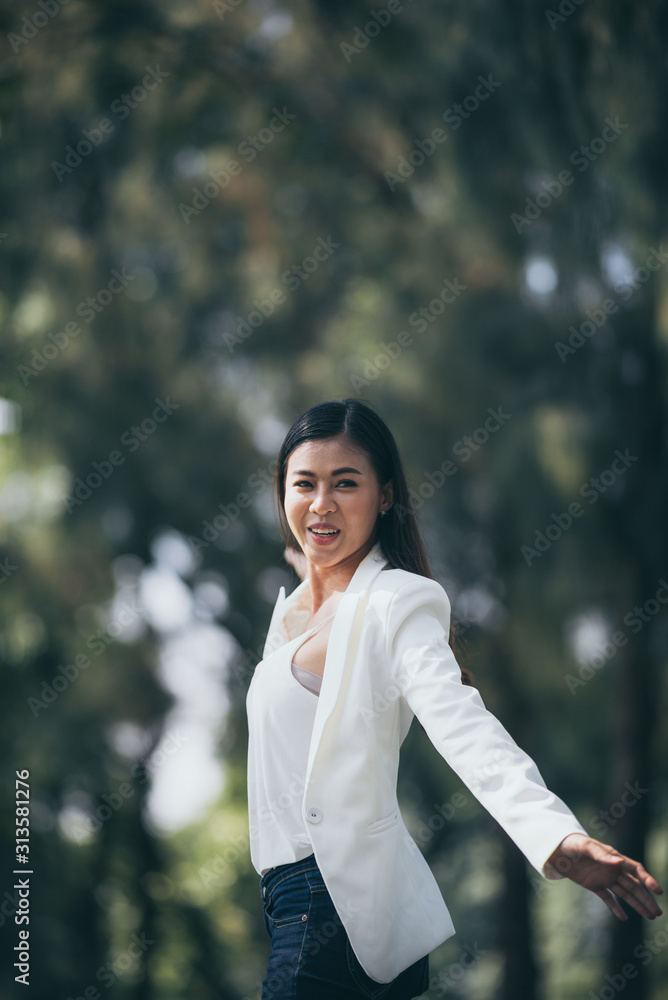 Asian women enjoy and relax in garden business working relax Asian women enjoy and relax in garden business working relax