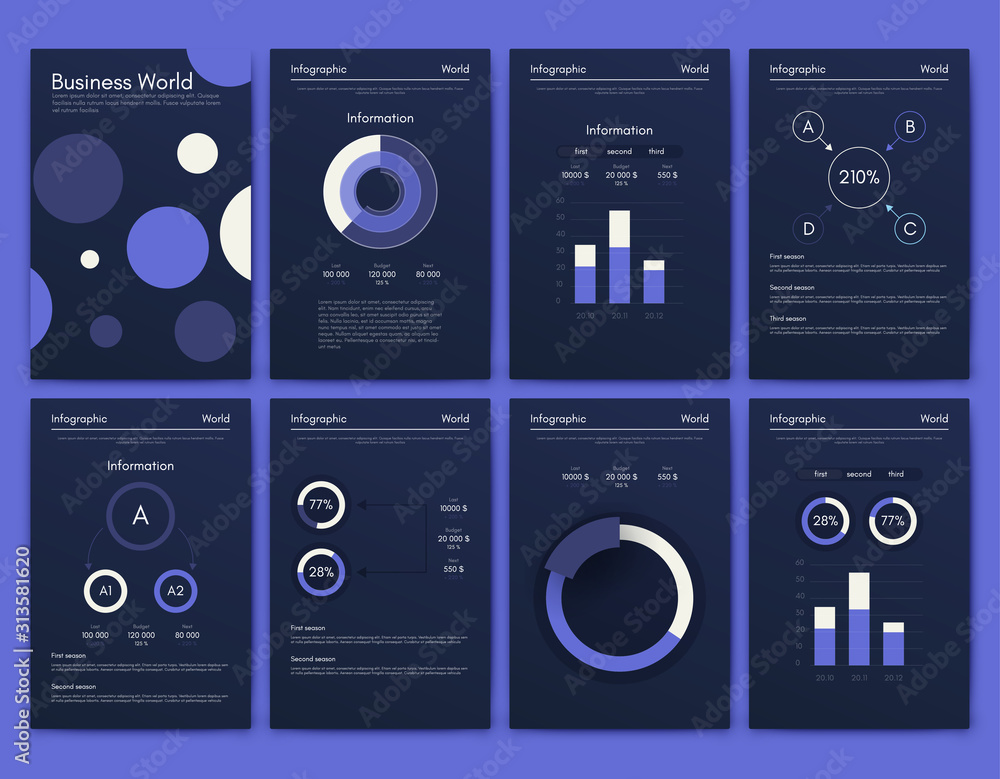 Modern infographic vector elements for business brochures. Use in website, corporate brochure, advertising and marketing. Pie charts, line graphs, bar graphs and timelines. Modern infographic vector elements for business brochures. Use in website, corporate brochure, advertising and marketing. Pie charts, line graphs, bar graphs and timelines.