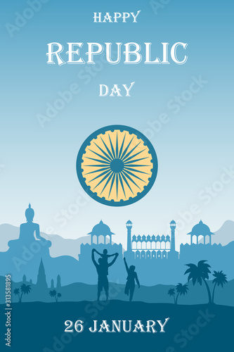 Republic Day India banner or poster. Silhouette of family people outdoors and Red Fort on background of mountains landscape. Vector greeting or invitation card for the independence celebration.