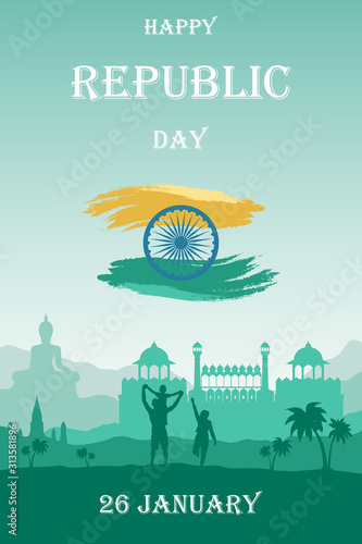 Republic Day India banner or poster. Silhouette of people outdoors and Red Fort on background of mountains landscape. Vector greeting or invitation card for the independence celebration and parade.