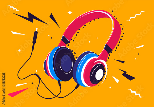 Vector illustration of headphones with a plug and decorative elements around