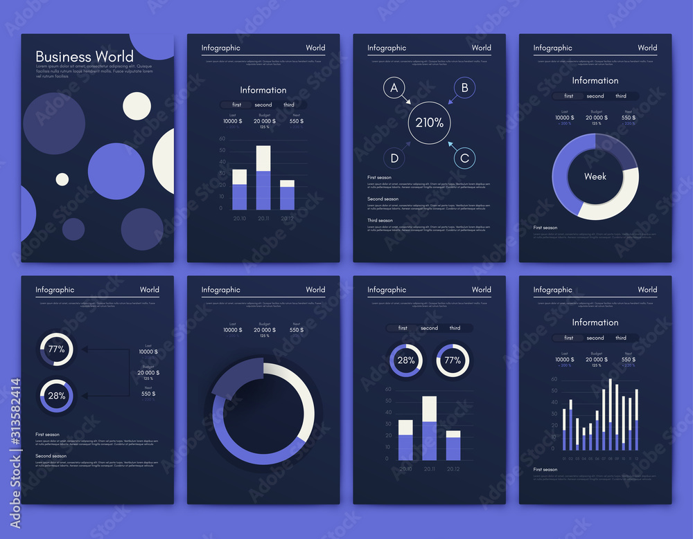 Modern infographic vector elements for business brochures. Use in website, corporate brochure, advertising and marketing. Pie charts, line graphs, bar graphs and timelines. Modern infographic vector elements for business brochures. Use in website, corporate brochure, advertising and marketing. Pie charts, line graphs, bar graphs and timelines.