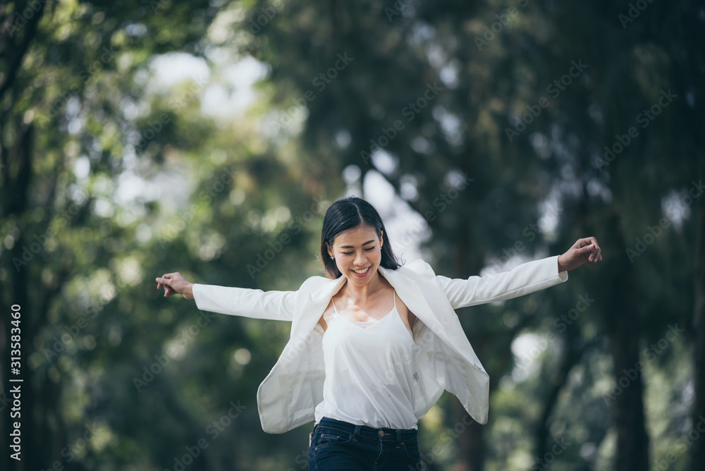 Asian women enjoy and relax in garden business working relax Asian women enjoy and relax in garden business working relax