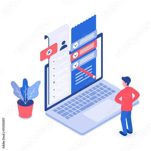 Online survey isometric vector illustration. Filling questionnaire. Choosing option on website. Gathering information and feedback. Customer service evaluation cartoon conceptual design element