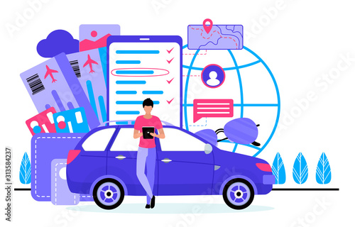 Planning vacation flat vector illustration. Booking online service. Purchasing flight tickets in internet. Traveling, holiday. Electronic airline service. Male tourist cartoon character