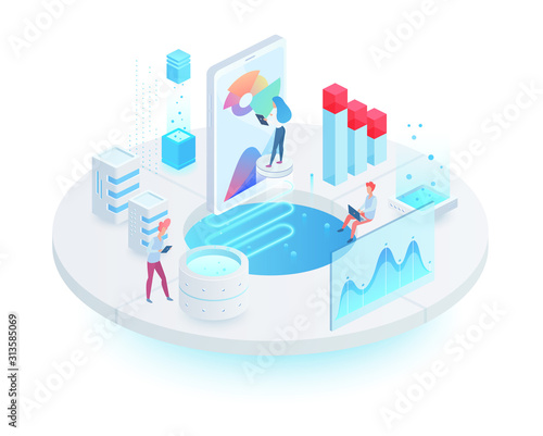 Digital technology isometric vector illustration. Mobile development company. Teamwork on corporate project. Mobile devices programming. Innovative platform white cartoon conceptual design element
