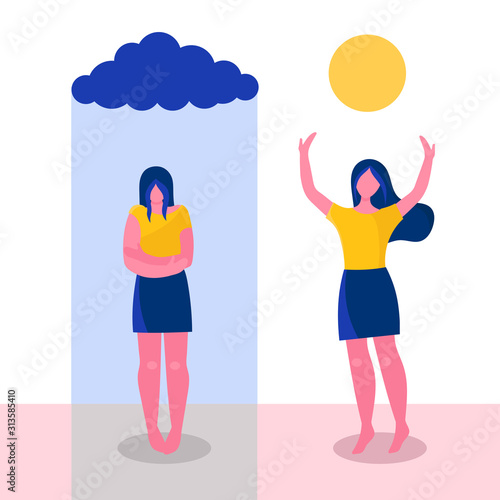 a young woman before and after psychotherapy.Psychological problems, sadness, apathy, negative emotions.Increase self-esteem, help from a psychologist.Flat vector illustration