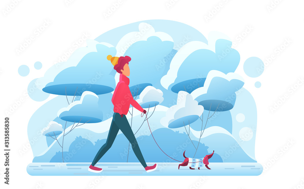 Young man walking withg dog in winter park flat vector illustration. Guy with dachshund. Pet lover routine, fresh cold air leisure. Domestic animal owner on outdoor stroll in park with doggy.