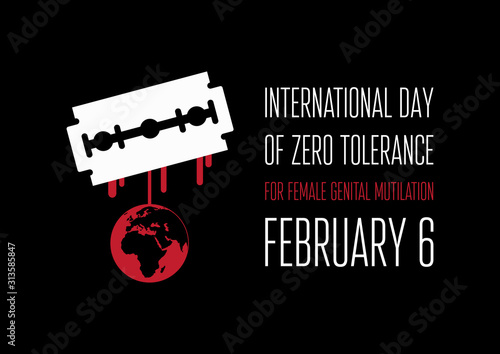 International Day of Zero Tolerance to Female Genital Mutilation vector. Razor blade with blood vector. Bleeding Planet Earth silhouette vector. Stop violence vector illustration. Important day