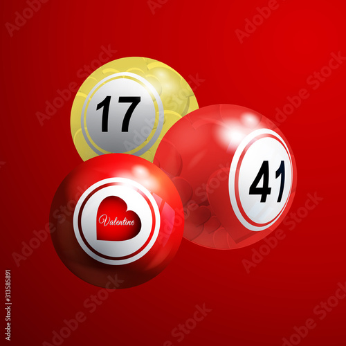 Valentine bingo lottery balls with hearts on red