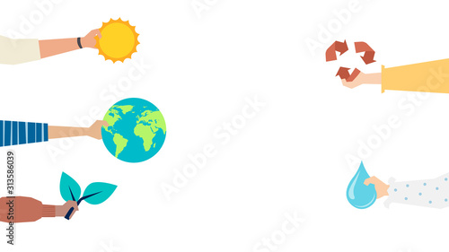  Protecting the environment and protecting our world. Caring for the planet, recycling waste, growing plants and renewing resources. Flat style. Vector illustration