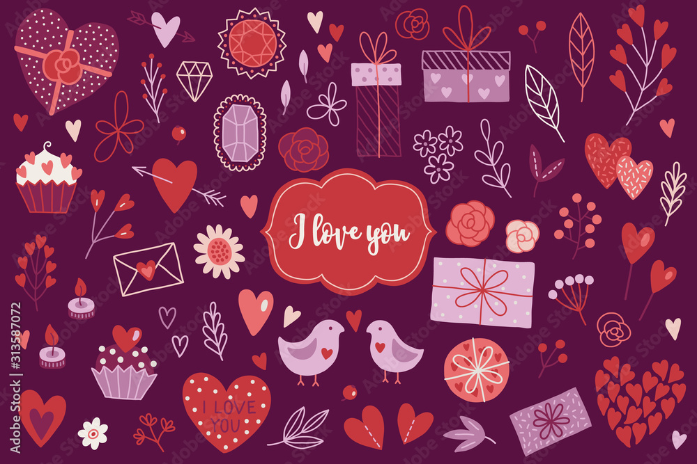 Valentine's Day design elements with hearts, roses, branches, presents, flowers Valentine's Day design elements with hearts, roses, branches, presents, flowers
