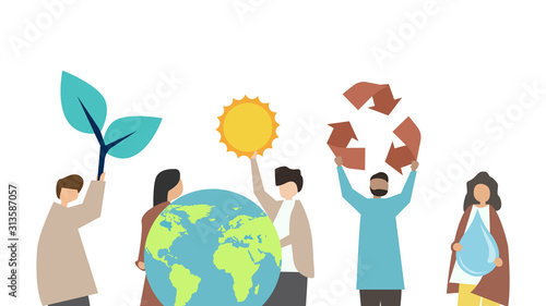 A multi-ethnic group of people collaborating on environmental issues: caring for the planet earth, recycling waste, growing plants, and renewing resources. Flat style. Vector illustration