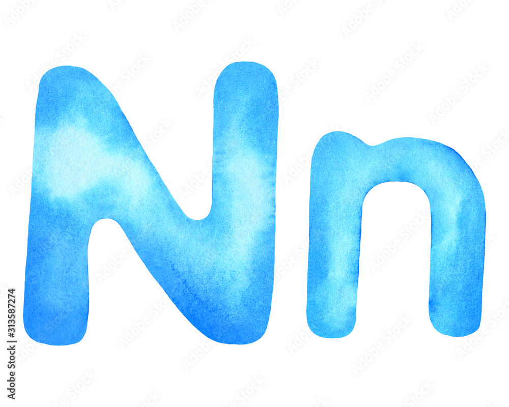 Monogram letter N made of watercolor. Classic blue hand drawn alphabet Monogram letter N made of watercolor. Classic blue hand drawn alphabet