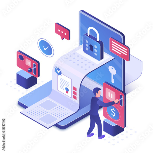 Electronic contract isometric vector illustration. E-document security. Safe document transfer and recievement. Protected access to private receipt. Cybersecurity cartoon conceptual design element