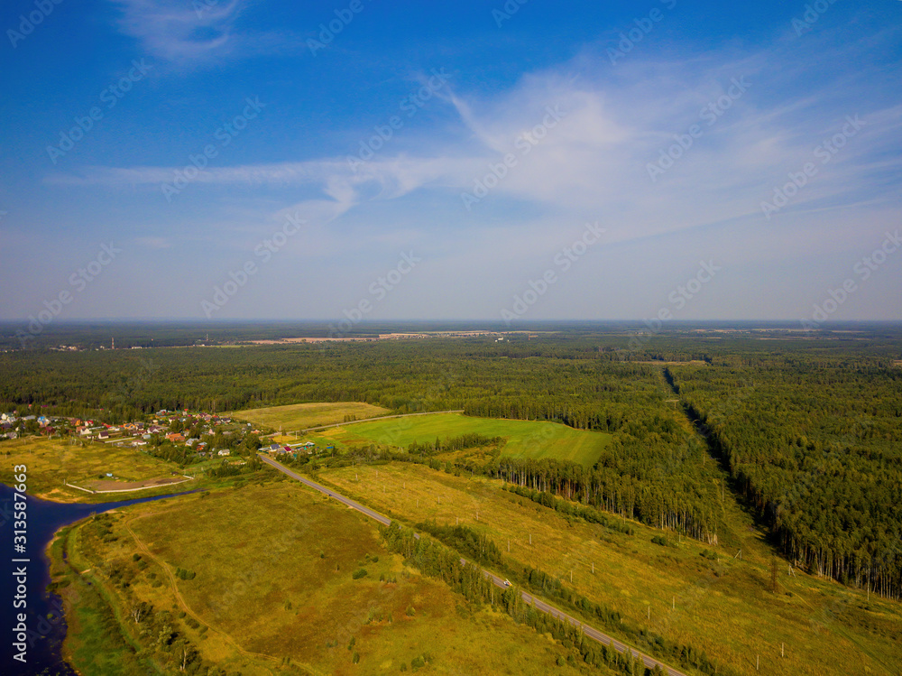 Bird's-eye view of the summer forest and the village.