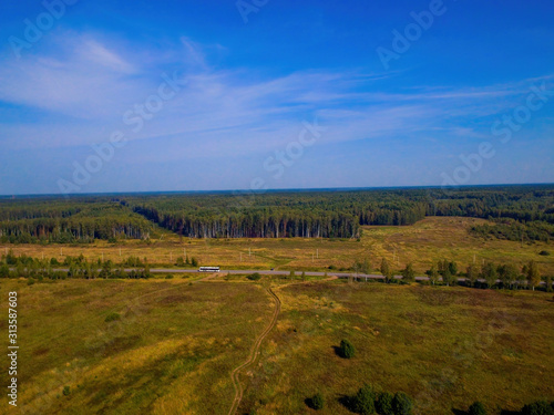 Bird s eye view of the forest  clouds and forest road
