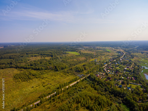 The view from the bird's eye view of the village on a clear Sunny day.