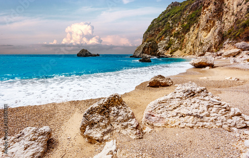 Beautiful view over the sea beach in Kerkyra island. Wonderful morning seascape of Ionian Sea, Corfu island. Bright summer view of Gyali Beach. Greece, Europe. Awesome nature landscape photo