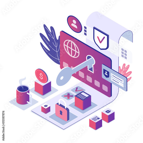 Credit card security isometric vector illustration. Electronic trading with cyber safety. Internet account for cryptocurrency with lock. Secure online banking cartoon conceptual design element