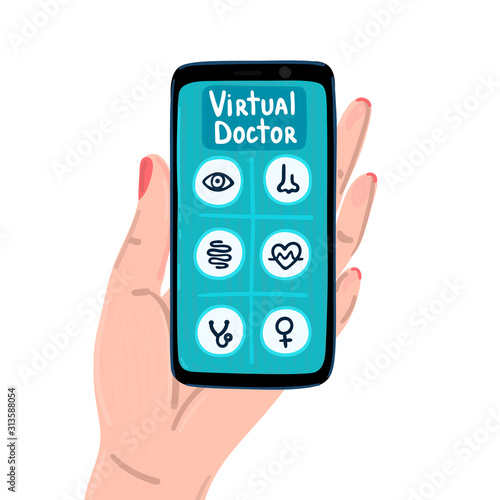 Virtual doctor. Mobile app. Smartphone in woman hand. Medical assistance online. Healthcare. Medical examination. Video communication. Design for banner, landing page, brochure, flyer, poster. Vector