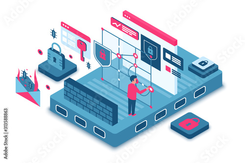 Cyber security isometric vector illustration. Authorization and authentification. Man unlock account with touch screen. Private user information security. Safe system cartoon conceptual design element