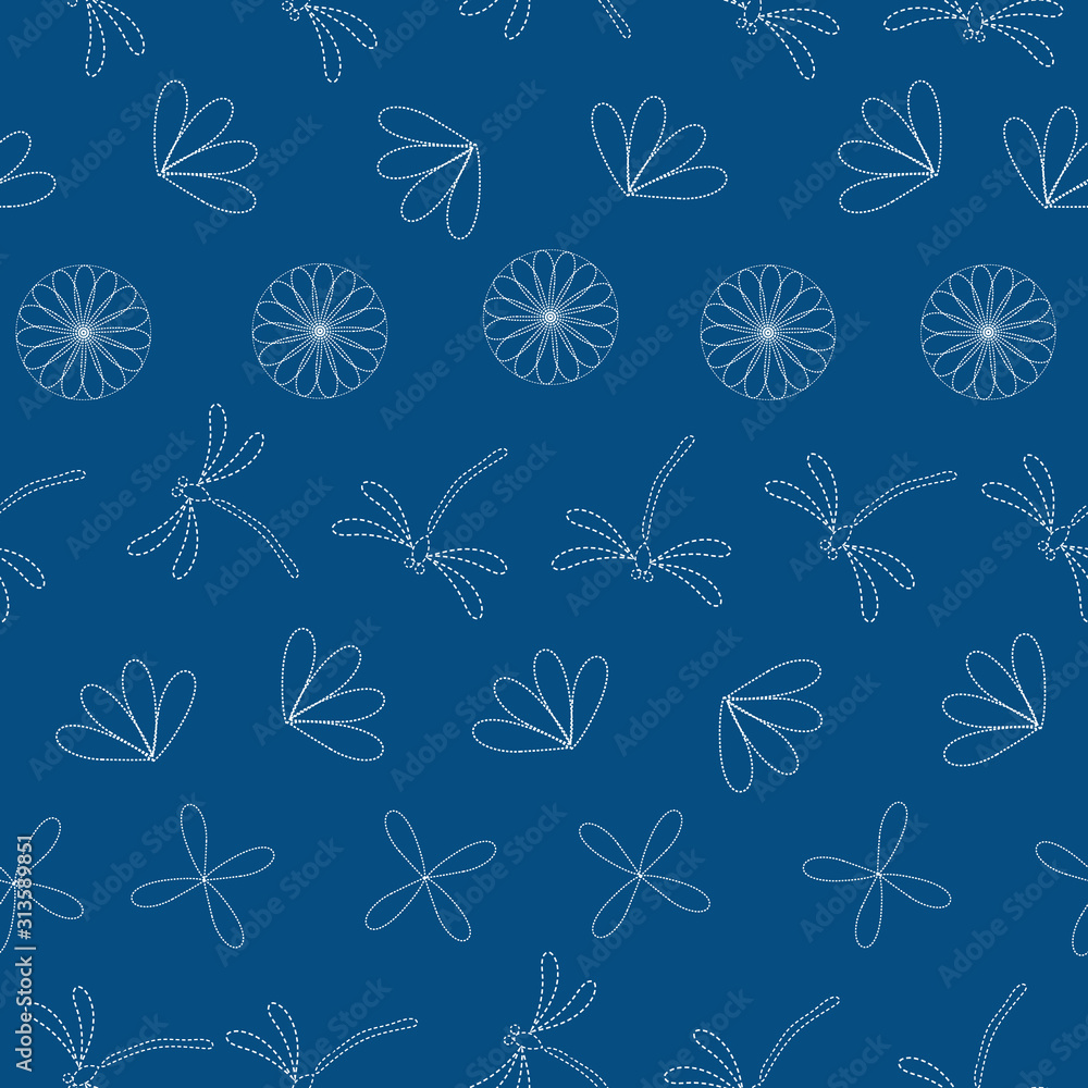 Seamless vector pattern background with dragonflies and flowers in japanese embroidery style. Seamless vector pattern background with dragonflies and flowers in japanese embroidery style.