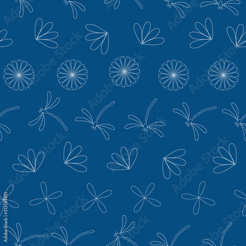 Seamless vector pattern background with dragonflies and flowers in japanese embroidery style. 