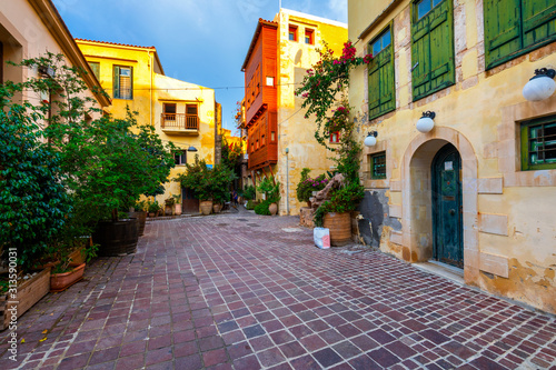 Street in the old town of Chania, Crete, Greece. Charming streets of Greek islands, Crete. Beautiful street in Chania, Crete island, Greece. Summer landscape. Chania old street of Crete island Greece.