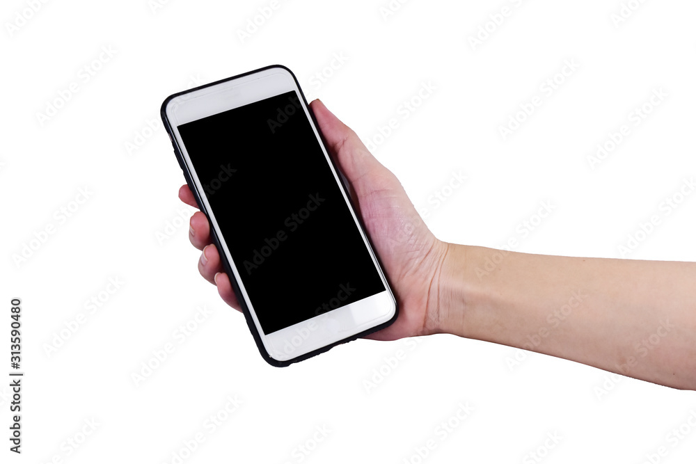 Hand holding Mobile smart phone or cellphone white background Hand holding Mobile smart phone or cellphone white background