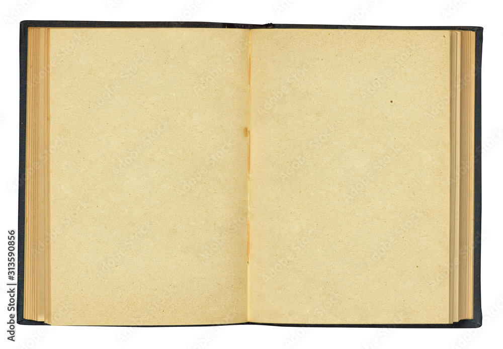 Open book with used blank paper pages. Clipping path included