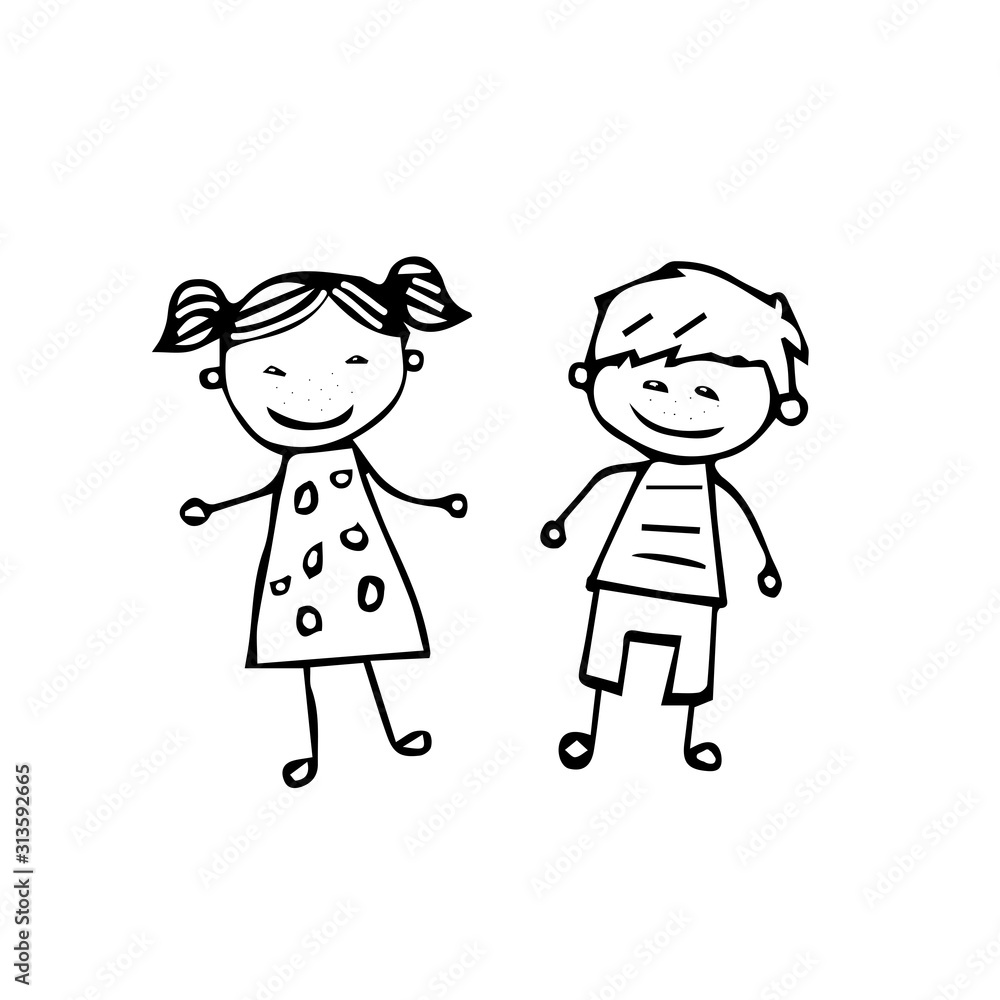 Beautiful hand-drawn vector illustration of a pair of children a boy and a girl isolated on a white background for coloring book Beautiful hand-drawn vector illustration of a pair of children a boy and a girl isolated on a white background for coloring book