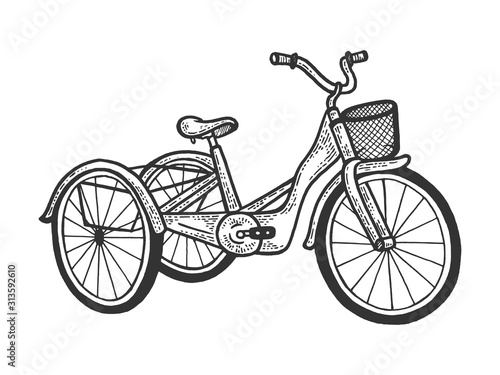 Tricycle trike bicycle sketch engraving vector illustration. T-shirt apparel print design. Scratch board style imitation. Hand drawn image.