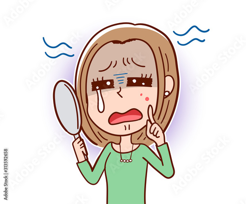 イラスト素材: 鏡を見てニキビを気にする若い女性