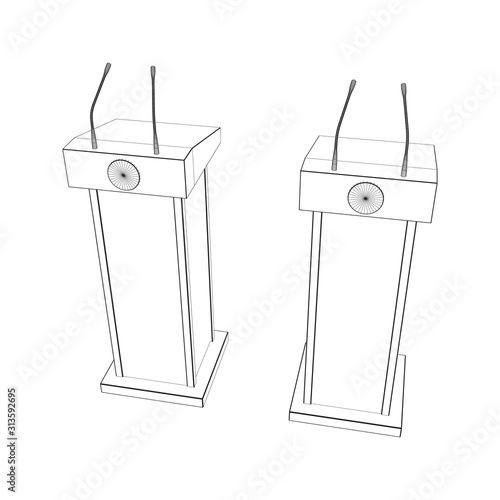 Speaker Podium. White Tribune Rostrum Stand with Microphones. Debate, press conference concept. Wireframe low poly mesh vector illustration