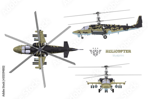 Blueprint of camouflage military helicopter. Side, top and front views of armed air vehicle. Industrial 3d drawing with external weapon. Isolated war copter