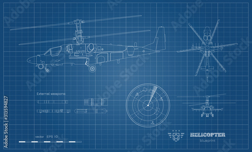 Fotografie, Tablou Outline blueprint of military helicopter