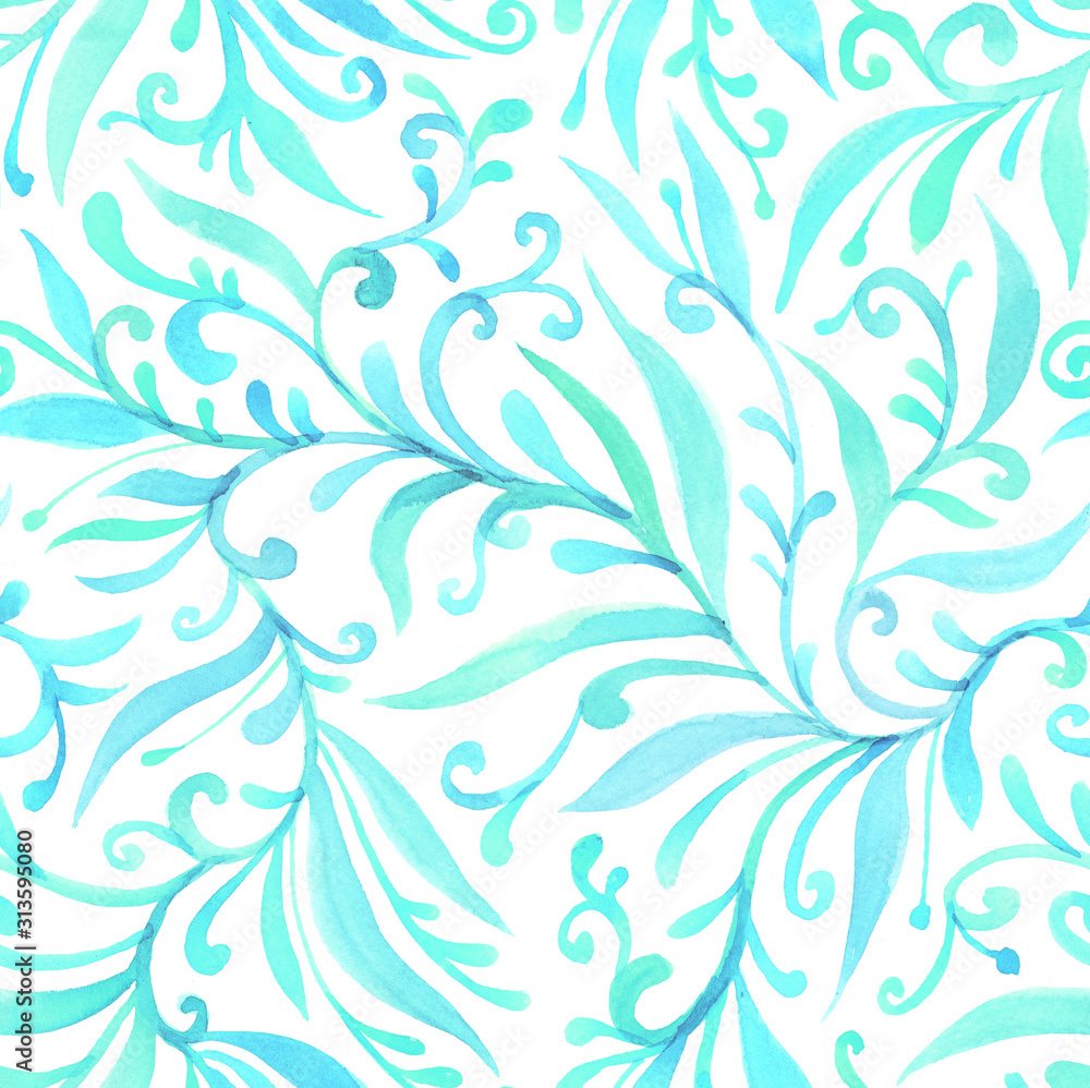 Watercolor blue green seamless pattern on a white background, curls, flowing lines, elegant print. Design for wallpaper, fabric, textile, packaging, wedding design. Vintage art, folk painting.