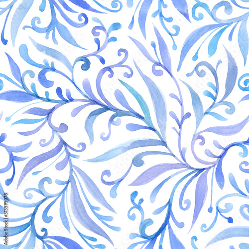 Watercolor blue green seamless pattern on a white background, curls, flowing lines, elegant print. Design for wallpaper, fabric, textile, packaging, wedding design. Vintage art, folk painting. © Katya Lisich
