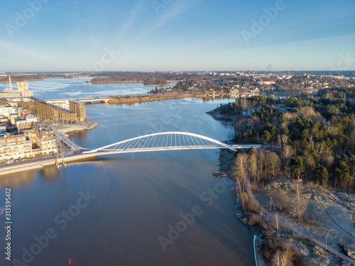 view of the bridge, autumn landscape, aerial drone view